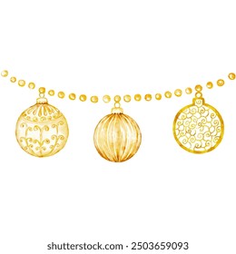 Gold watercolor Christmas balls garland, holiday ornaments toy for Christmas tree