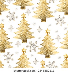 Gold watercolor Christmas tree seamless repeating pattern