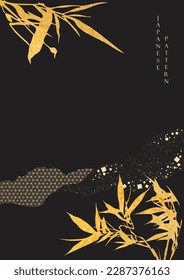 Gold watercolor texture with geometric pattern in vintage style. Abstract art landscape with bamboo leaves branch with hand drawn line elements. Black background.