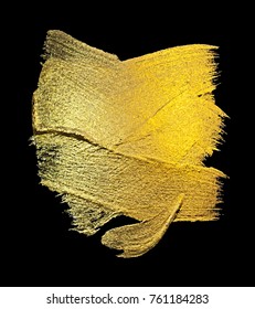 Gold Watercolor Texture Paint Stain Abstract Illustration. Shining Brush Stroke for you Amazing Design Project. Black Background.