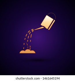 Gold Watering can with water icon isolated on dark blue background. Watering a sprout. Irrigation symbol.  Vector Illustration