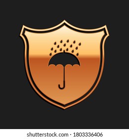 Gold Waterproof icon isolated on black background. Shield and umbrella. Protection, safety, security concept. Water resistant symbol. Long shadow style. Vector.