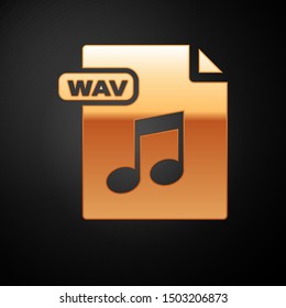 Gold WAV file document. Download wav button icon isolated on black background. WAV waveform audio file format for digital audio riff files.  Vector Illustration