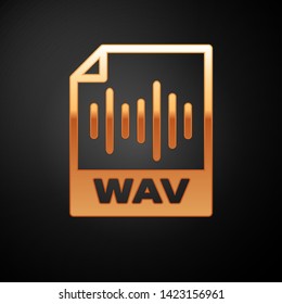 Gold WAV file document icon. Download wav button icon isolated on black background. WAV waveform audio file format for digital audio riff files. Vector Illustration