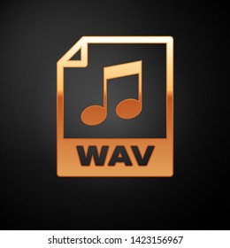 Gold WAV file document icon. Download wav button icon isolated on black background. WAV waveform audio file format for digital audio riff files. Vector Illustration