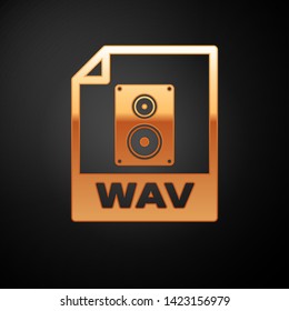 Gold WAV file document icon. Download wav button icon isolated on black background. WAV waveform audio file format for digital audio riff files. Vector Illustration