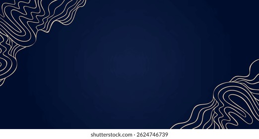 Gold Wave Art Deco Vector Background, Golden Line Wavy Corner Pattern on Elegant Deep Blue, Abstract Curly Backdrop for Decorative Fashion Jewelry Presentations