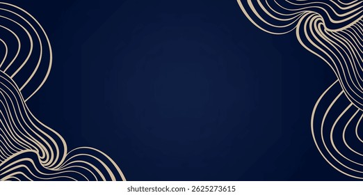 Gold Wave Art Deco Vector Background, Golden Line Wavy Corner Pattern on Elegant Deep Blue, Abstract Curly Backdrop for Decorative Fashion Jewelry Presentations