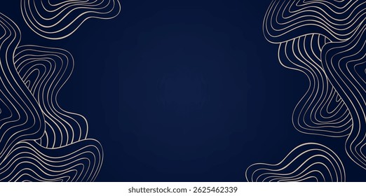 Gold Wave Art Deco Vector Background, Golden Line Wavy Corner Pattern on Elegant Deep Blue, Abstract Curly Backdrop for Decorative Fashion Jewelry Presentations