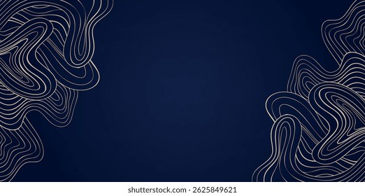 Gold Wave Art Deco Vector Background, Golden Line Wavy Corner Pattern on Elegant Deep Blue, Abstract Curly Backdrop for Decorative Fashion Jewelry Presentations