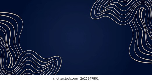 Fondo de Vector art déco de la onda del oro, patrón ondulado de la esquina de la línea dorada en azul profundo elegante, telón de fondo rizado Abstractas para las presentaciones decorativas de la joyería de moda