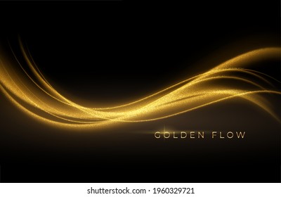 Gold wave flow and golden glitter on black background. Abstract shiny color gold wave luxury background. Luxury gold flow wallpaper. Vector illustration EPS10