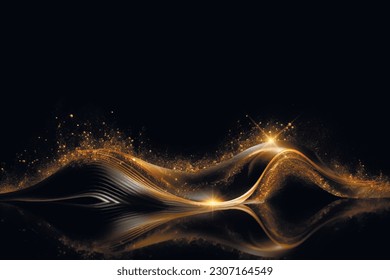 Gold wave flow, shiny stars and golden glitters on black background. Luxury golden flowing wavy lines glowing pattern with gold spray, sparckles. Shiny decorative ornate modern design. Flowing lines.