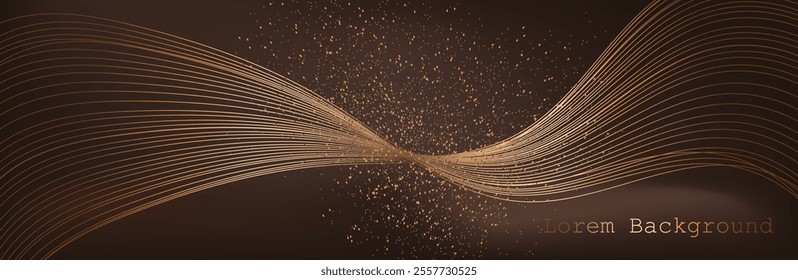 Gold wave with lines. brown background. Linear geometric Art deco bricks. 20s retro style. Luxury seamless pattern. Packaging or menu design.Vector illustration