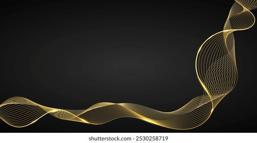Gold Wave Lines On Black Background. Luxury Wallpaper. Abstract Business Banner. Vector Illustration