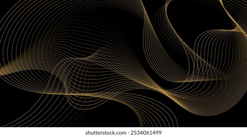 Gold Wave Lines On Black Background. Luxury Wallpaper. Abstract Business Banner. Vector Illustration