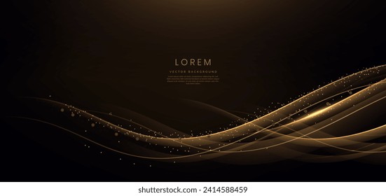 Gold wave lines on dark background with lighting effect and glitter with copy space for text. Luxury design style. Vector illustration