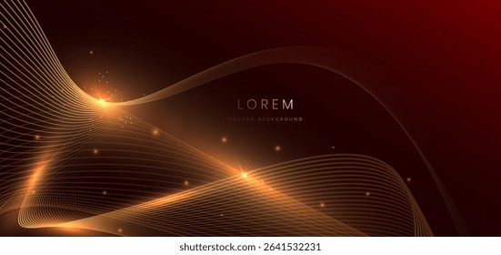Gold wave lines on dark red background with lighting effect sparkle. Luxury template celebration award design. Vector illustration
