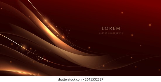 Gold wave lines on dark red background with lighting effect sparkle. Luxury template celebration award design. Vector illustration
