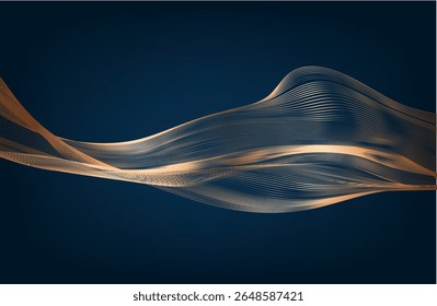 Gold wave lines on dark blue background with lighting effect and glitter with copy space for text. Luxury design style. Vector illustration