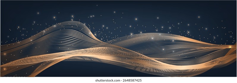 Gold wave lines on dark blue background with lighting effect and glitter with copy space for text. Luxury design style. Vector illustration