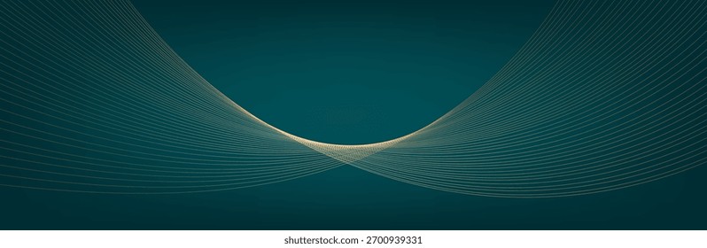 Líneas de onda de oro sobre fondo verde oscuro con efecto de iluminación y brillo con espacio de copia para texto. Estilo de diseño de lujo. Ilustración vectorial
