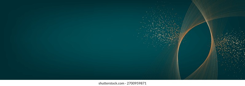 Gold wave lines on dark green background with lighting effect and glitter with copy space for text. Luxury design style. Vector illustration