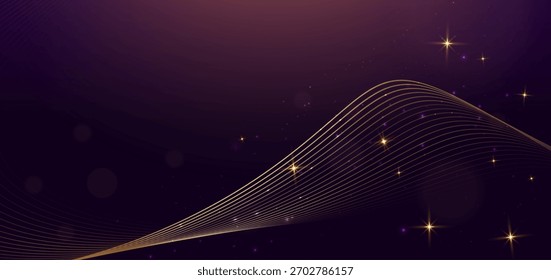 Linhas de onda dourada no fundo roxo escuro com faísca. Conceito de estilo luxuoso. Ilustração vetorial