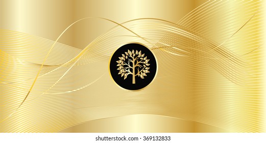 Gold wave modern background and gold tree on black circle, vector. Wallpaper, template background for web business, finance design.