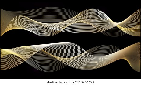 Goldene Welle auf schwarzem Hintergrund. Goldenes Linienmuster für Luxus-VIP-Musik oder zukünftigen Wind-Swoosh. Abstrakte 3D-horizontale Streifenzeichnung. Kupferprämie-Farbband-Premium-Modeelement.