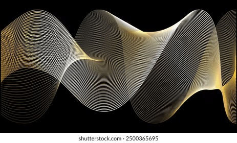 Gold wave on black background. Golden line pattern for luxury music vip or future wind swoosh. Abstract 3d horizontal stripe drawing. Copper award ribbon premium fashion element.