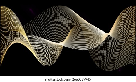 Onda dourada sobre fundo preto. Padrão de linha dourada para vip de música de luxo ou sopro de vento futuro. Desenho de faixa horizontal 3d abstrato. Fita de prêmio de cobre elemento de moda premium.