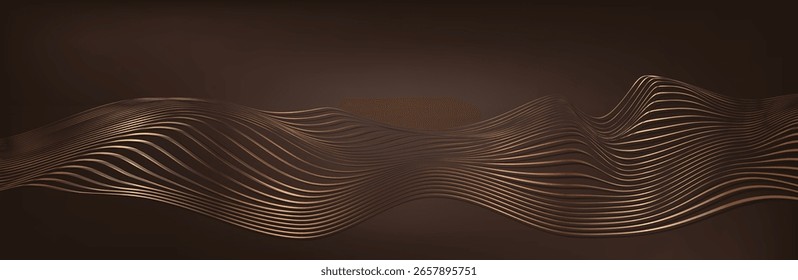 Onda de oro sobre fondo marrón. Ladrillos Art Deco geométricos lineales. Estilo retro de los años 20. Patrón sin costuras de lujo. Embalaje o diseño de menú. Vector. Abstractas Segwit. onda de sonido