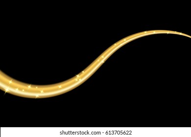 Gold wave ribbon. Golden abstract wavy line isolated on black background. Light metallic shiny design texture. Stars, sparkles. Bright flow space curve element. Modern graphic Vector illustration