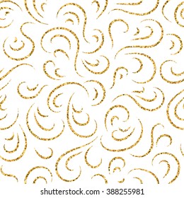 Gold wave seamless pattern. Draw Golden swirl glitter on white background. Abstract wavy texture. Retro Vintage. Design template graphic wallpaper, wrapping, fabric, textile, etc. Vector Illustration.