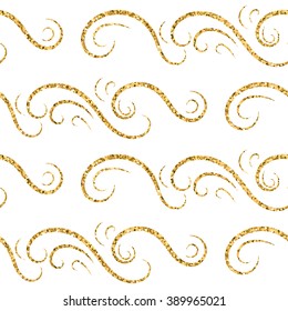 Gold wave seamless pattern. Draw Golden swirl glitter on white background. Abstract wavy texture. Retro Vintage. Design template graphic wallpaper, wrapping, fabric, textile, etc. Vector Illustration.