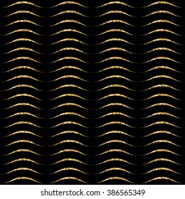 Gold wave seamless pattern. Golden glitter on black background. Abstract geometric wavy texture. Retro Vintage decoration. Design template graphic wallpaper, wrapping, fabric, etc. Vector Illustration