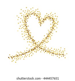 Gold wave in the shape of heart on white background. Design element for festive banner, card, invitation, label, postcard, vignette. Golden glittering  heart  made of tiny uneven round dots.
