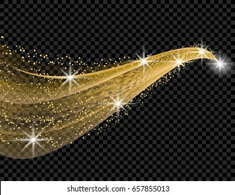 Gold wave with a shine effect on a checkered background. Comet with a luminous tail. Vector illustration