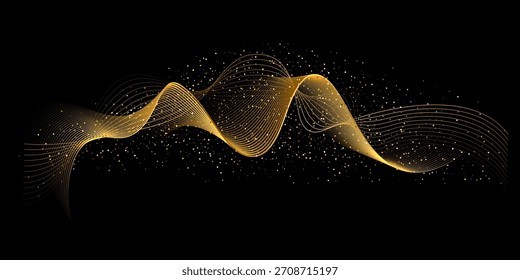 Fondo de las olas de oro. Líneas de onda doradas con efecto de luz brillante sobre fondo negro. Rayas abstractas curvas que forman movimiento fluido y movimiento elegante. Diseño de Vector moderno de lujo.