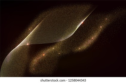 Gold Waves with glitter effect. Abstract Lines Design. Shiny golden moving strips design element on dark background for xmas christmas card. Vector Illustration