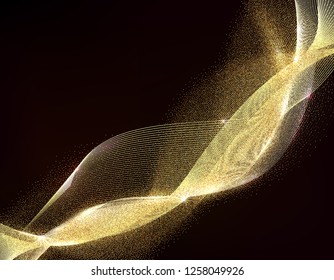 Olas de oro con efecto brillo. Diseño de líneas Abstractas. Elemento de diseño de tiras móviles doradas brillantes sobre fondo oscuro para la tarjeta de Navidad de Navidad. Ilustración vectorial