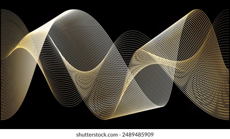 Gold waves with glitter vector pattern. Music elegant effect curves and stripes. Shiny silk texture on dark backdrop. 3d swoosh vip graphic element. Yellow luxury award decoration