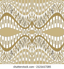 Gold waves seamless pattern. Wavy borders background. Greek key, meanders. Geometric golden greek ornaments. Abstract shapes, lines, curves. Endless texture. Ornate isolated vector design. Repeated.