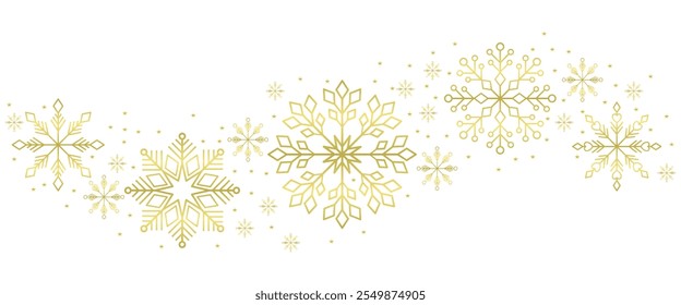 Gold waving snowflakes on transparent background. Golden snowflakes border with different ornaments. Luxury Christmas garland. Winter ornament for packaging, cards, invitations. Vector illustration