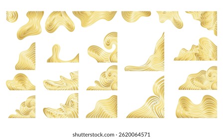Gold Wavy Corner Set Vector Borders Isolated Design Elements. Luxury, Elegant Decorative Abstract Shapes for Banners