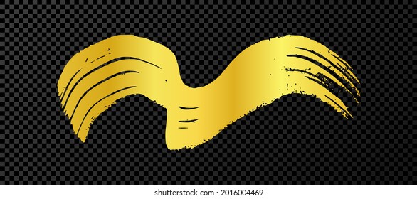 Gold wavy grunge brush stroke. Painted ink stripe. Ink spot isolated on dark transparent background. Vector illustration

