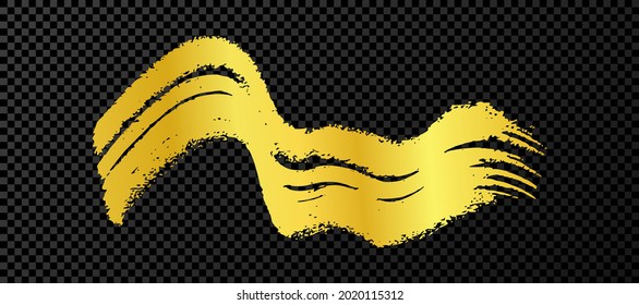 Gold wavy grunge brush stroke. Painted ink stripe. Ink spot isolated on dark transparent background. Vector illustration
