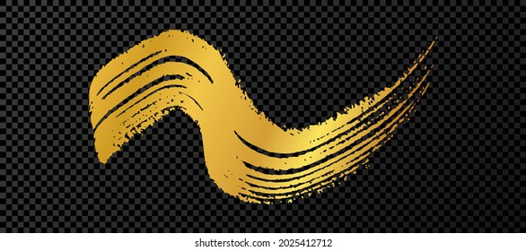 Gold wavy grunge brush stroke. Painted ink stripe. Ink spot isolated on dark transparent background. Vector illustration
