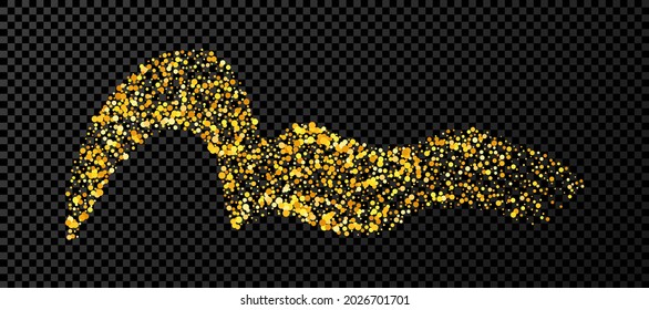Gold wavy grunge brush stroke. Painted ink stripe. Ink spot isolated on dark transparent background. Vector illustration
